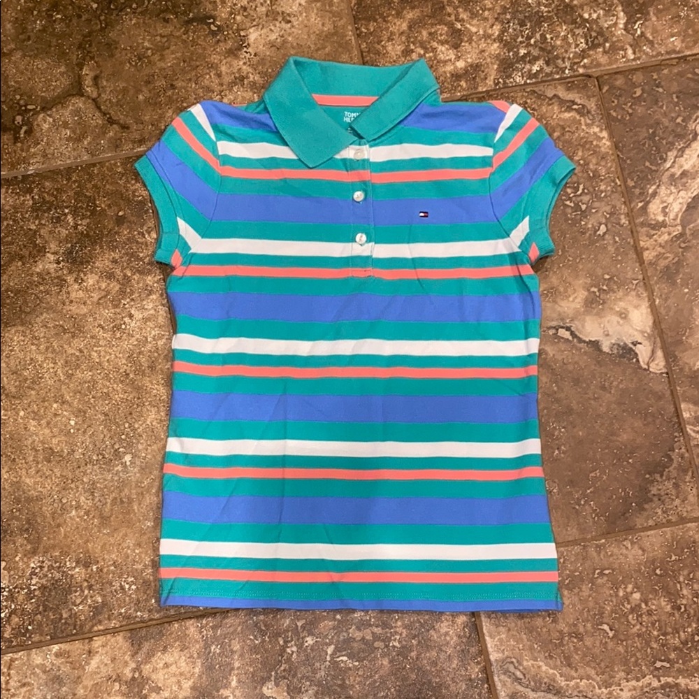 Tommy Hilfiger Kids Blue and Green Striped Polo Shirt